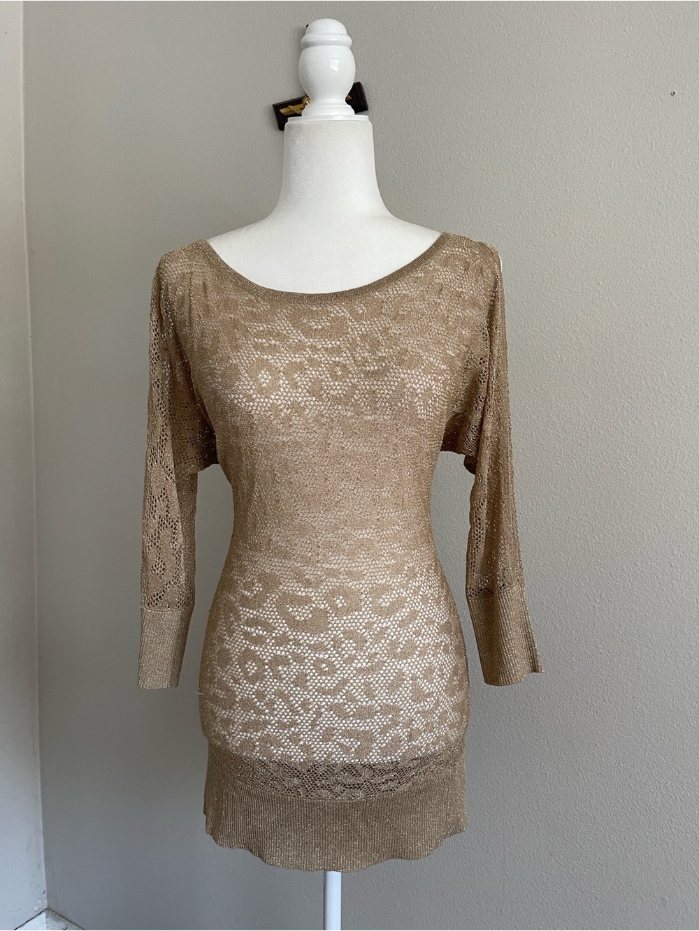 Cache Sheer Knit Tunic Sweater in Metallic Taupe